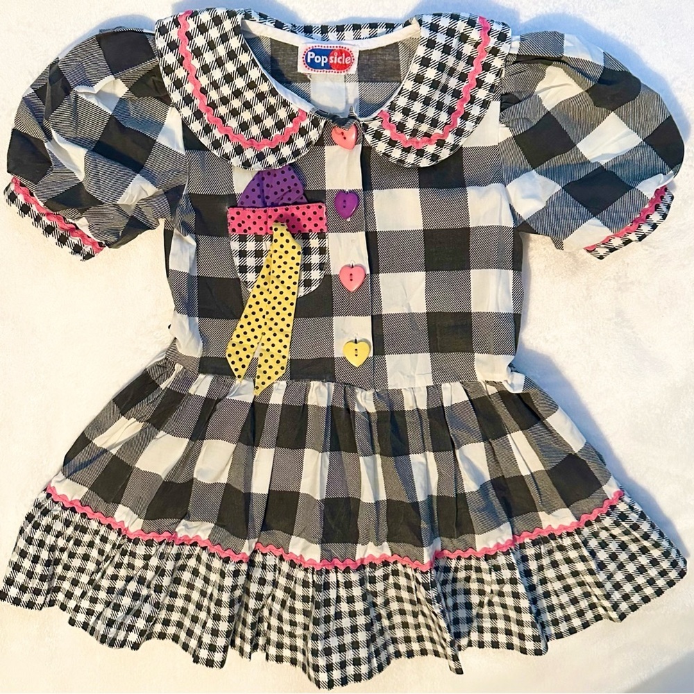 RARE Vintage Popsicle Gingham Dress Heart Buttons 18-24M black white colorful